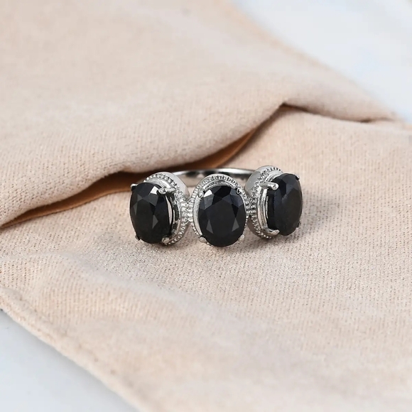 Midnight Sapphire 3 Stone Ring in Stainless Steel 5.20 ctw - Picture 4 of 6